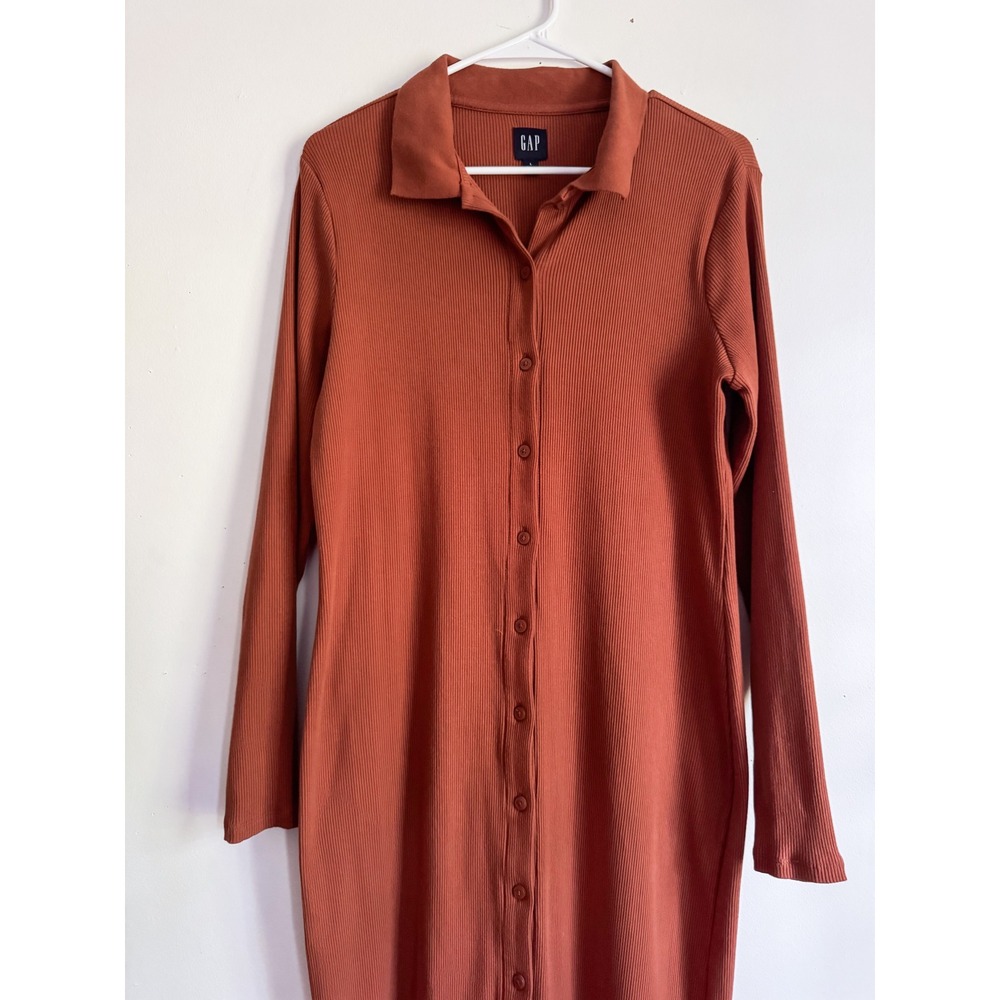 GAP Womens Rust Burnt Orange Ribbed Knit Long Sleeve Button Down Midi Dress L - Picture 2 of 8